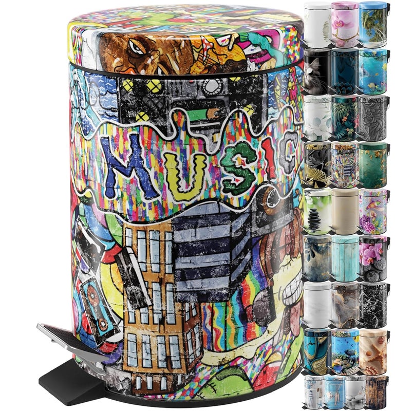 Sanilo Small Bathroom Trash Can with Lid [1.3 Gallon] - Lidded Tiny Trashcan for Garbage - Mini Metal Bin with Soft Closing Mechanism - Bath Room Accessoire Wastebin with Inner Bucket (Graffiti) - Image 1